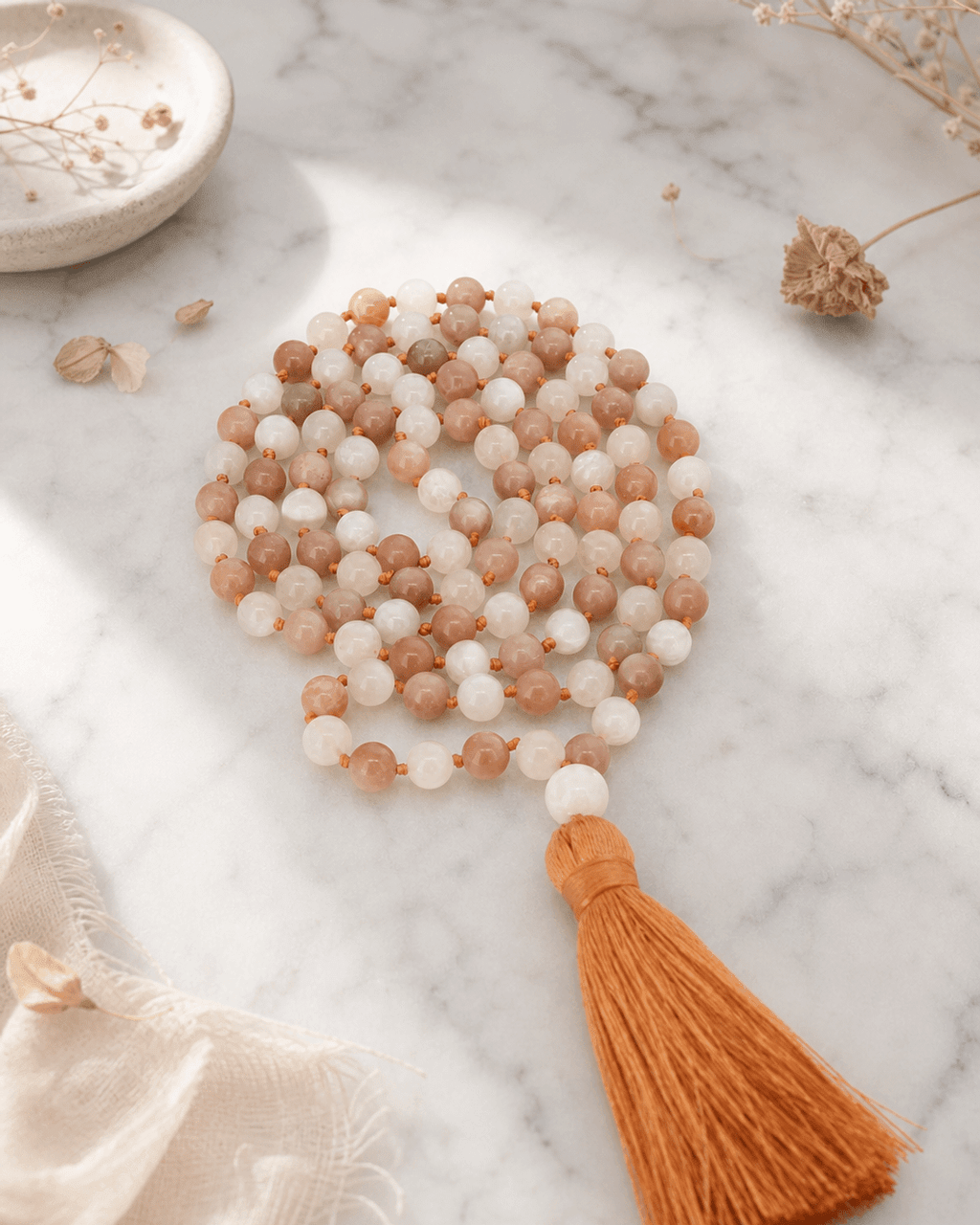 Ethereal White and Peach Moonstone Beads Meditation Knotted Mala - Prayer Beads 6mm