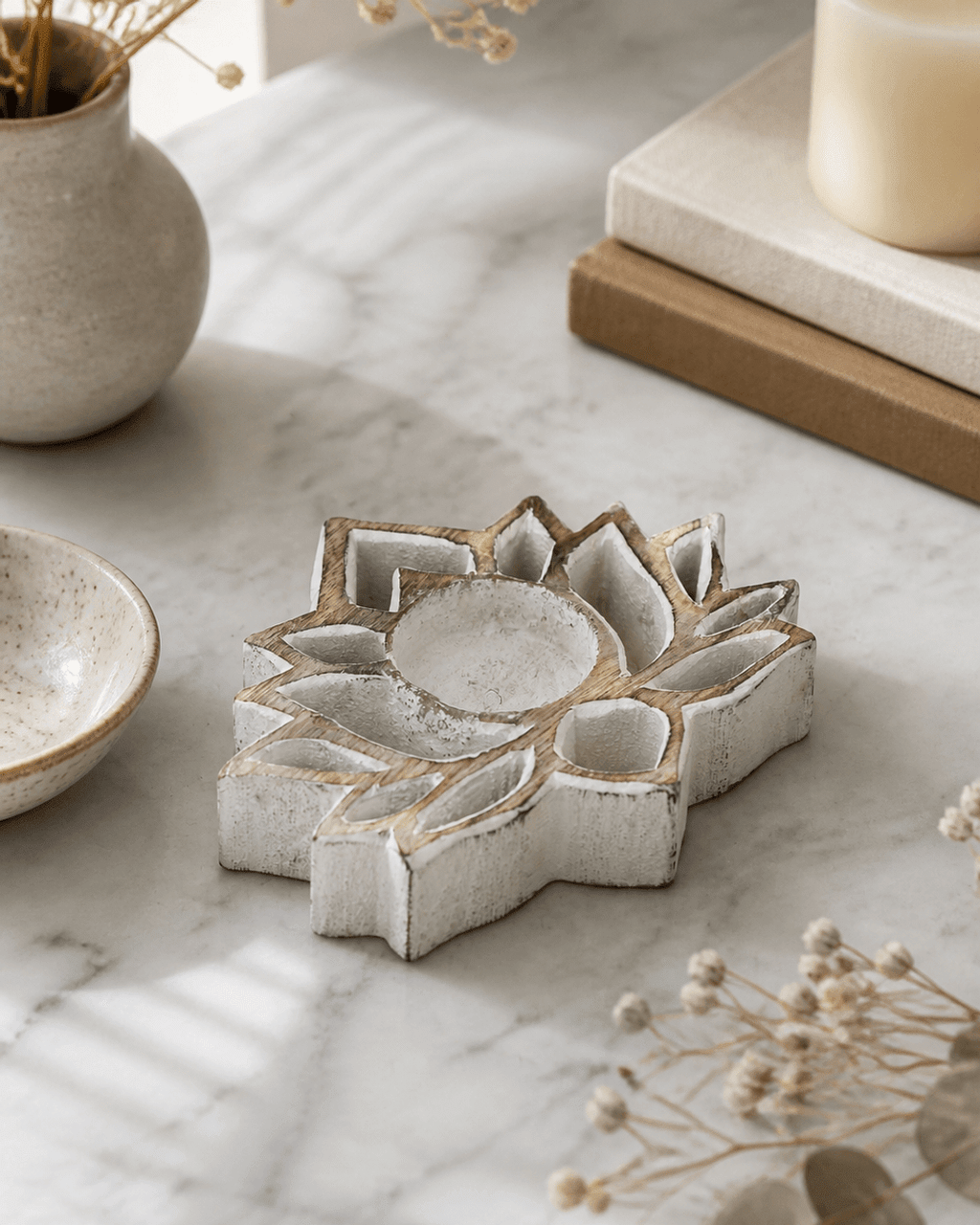 Lotus Cutout Tealight Holder, Hand-Carved Mango Wood