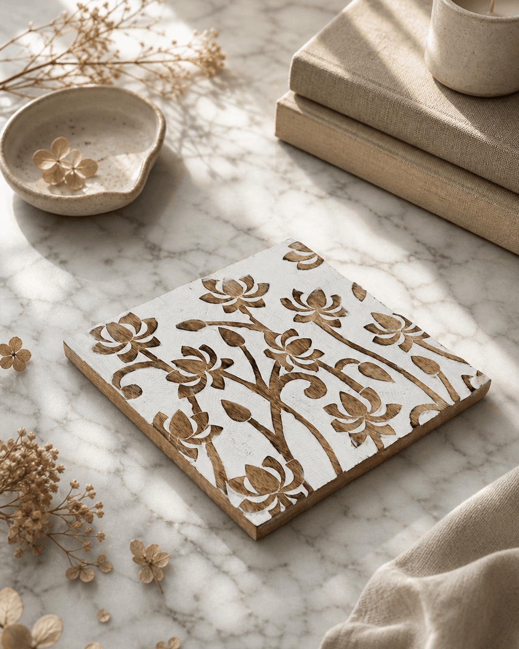 Fairtrade Hand Carved Lotus Wood Square Trivet - Trivets