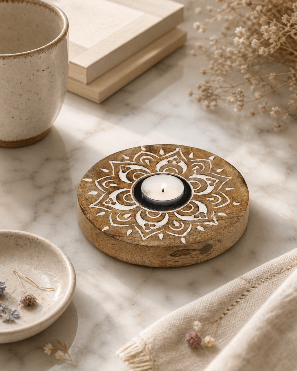 Fairtrade Hand Carved Wood Mandala Design Tea Light Holder - Candle Holders