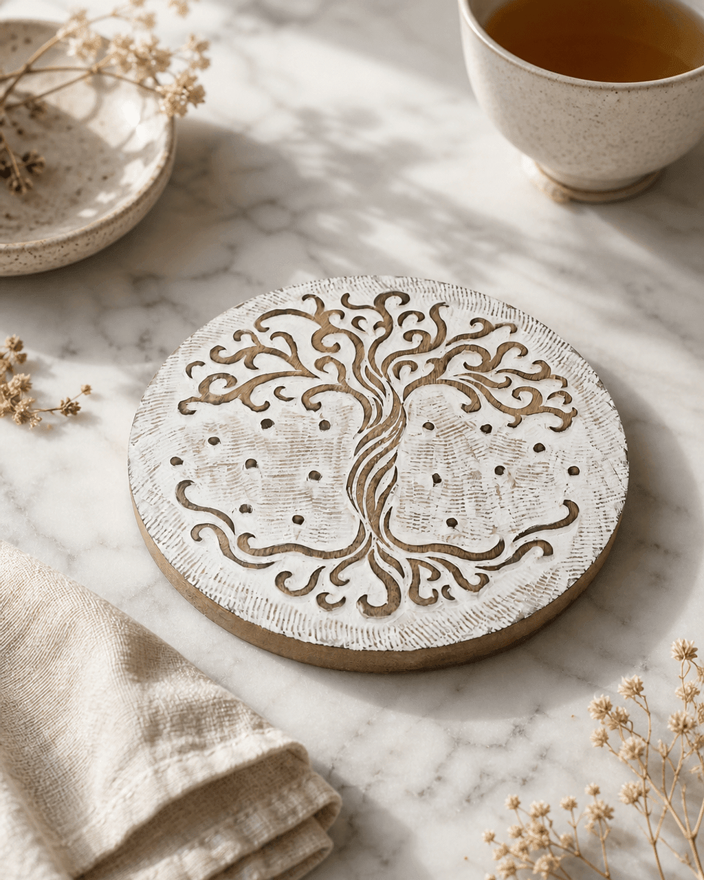 Fairtrade Hand Carved Wood Tree of Life Trivet - Trivets