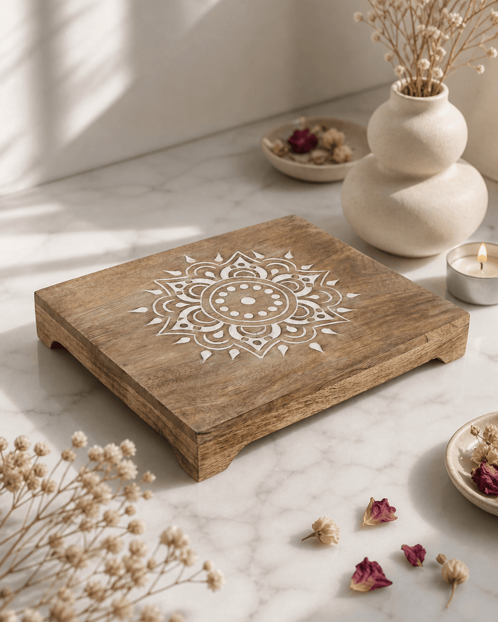 Fairtrade Sustainable Wood Mandala Risers And Statue Stands - Computer Risers & Stands