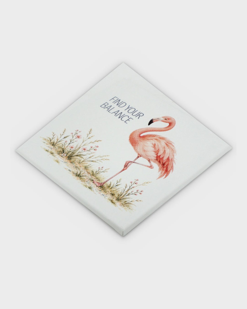 Find Your Balance flamingo canvas wall art shown at a diagonal angle, displaying the wrapped canvas corners and print surface