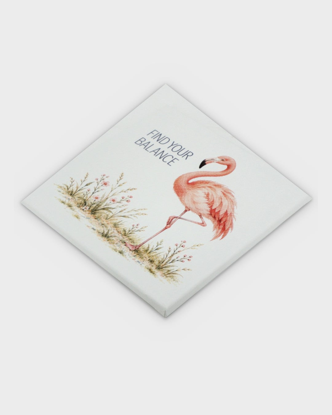 Find Your Balance flamingo canvas wall art shown at a diagonal angle, displaying the wrapped canvas corners and print surface