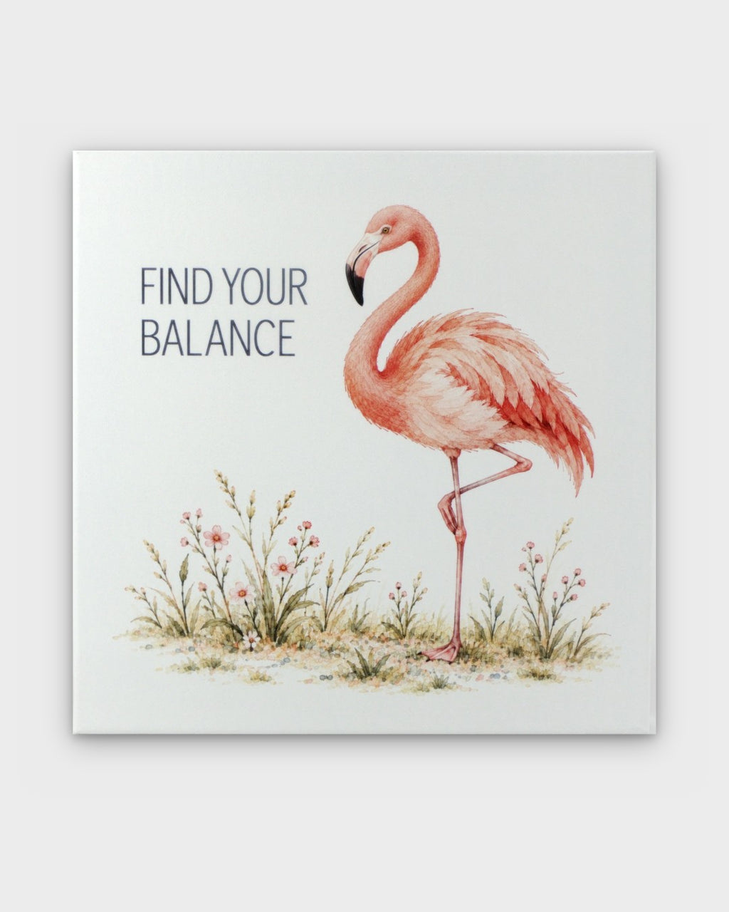 Find Your Balance watercolor flamingo canvas wall art, front view showing pink flamingo standing on one leg among wildflowers