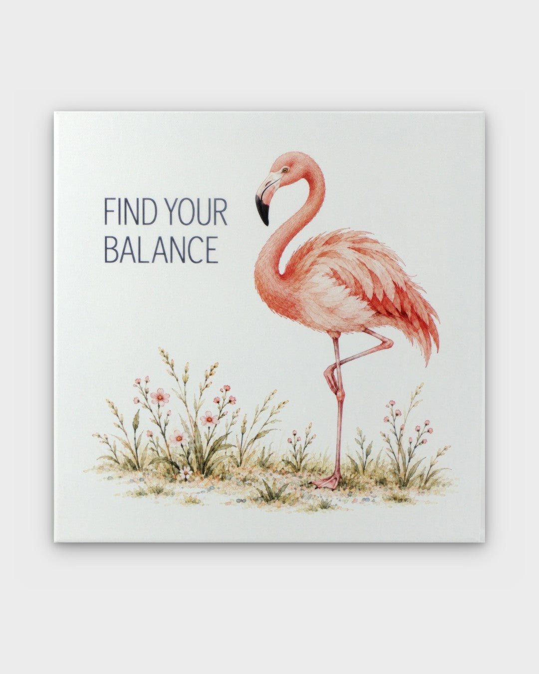 Find Your Balance watercolor flamingo canvas wall art, front view showing pink flamingo standing on one leg among wildflowers