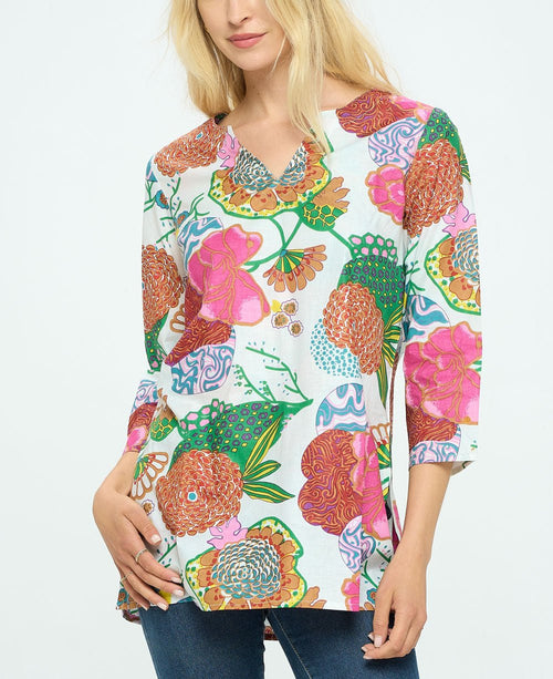 Floral Gardens Kurta Tunic Top, Multiple Colors and Prints - Shirts & Tops White S