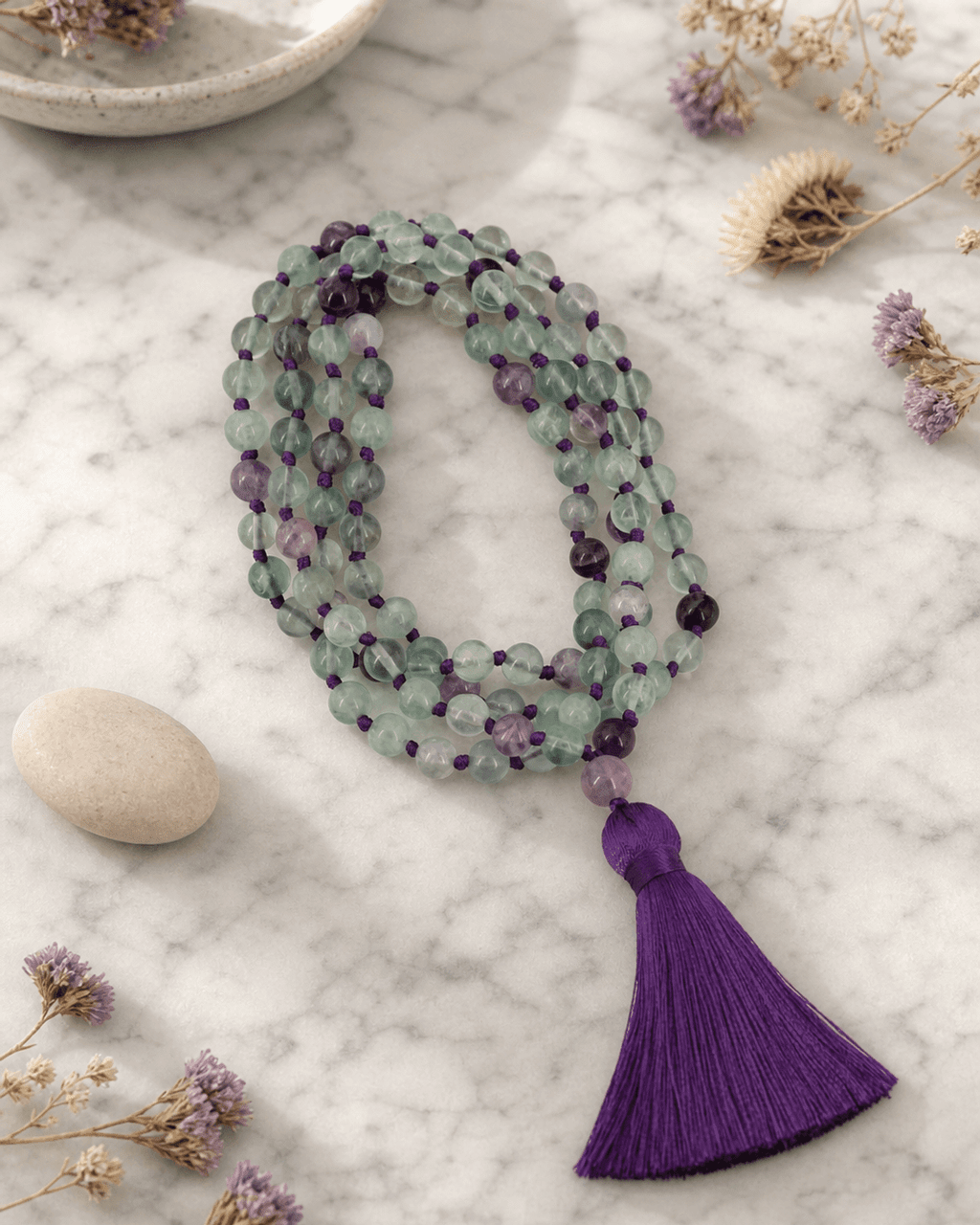 Fluorite Gemstone Meditation Mala, Knotted 108 Beads - Prayer Beads 6mm
