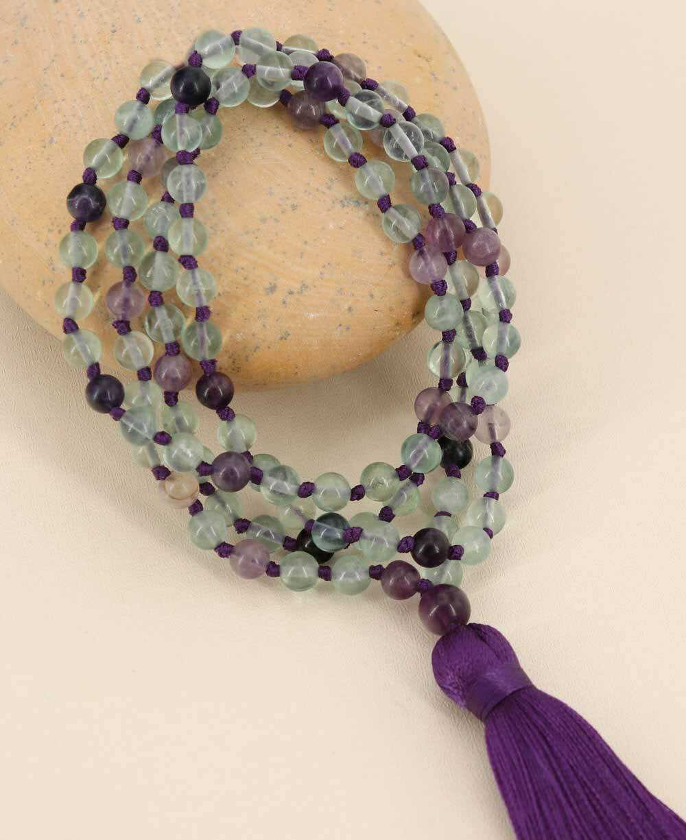 Fluorite Gemstone Meditation Mala, Knotted 108 Beads - Prayer Beads 6mm