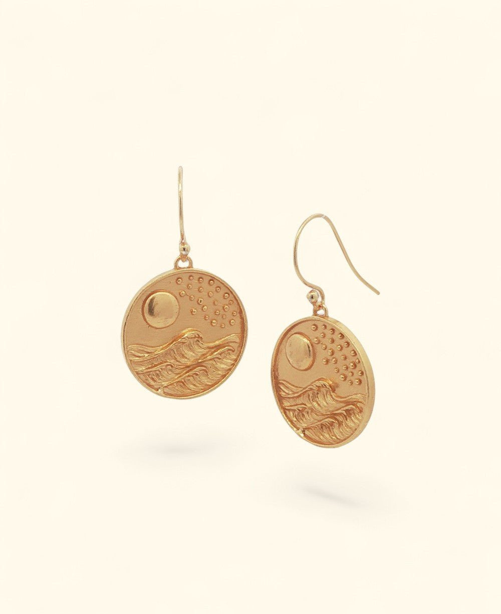 Full Moon Over Waves Gold - Plated Brass Drop Earrings — Ocean & Celestial Jewelry - Earrings