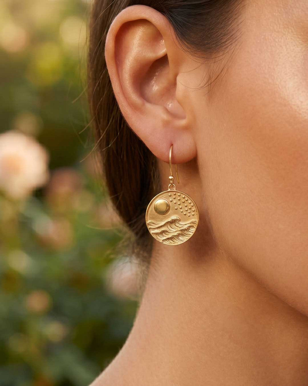 Full Moon Over Waves Gold - Plated Brass Drop Earrings — Ocean & Celestial Jewelry - Earrings