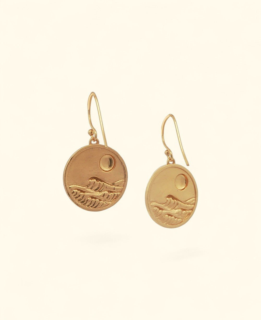 Full Moon Over Waves Gold - Plated Brass Drop Earrings — Ocean & Celestial Jewelry - Earrings