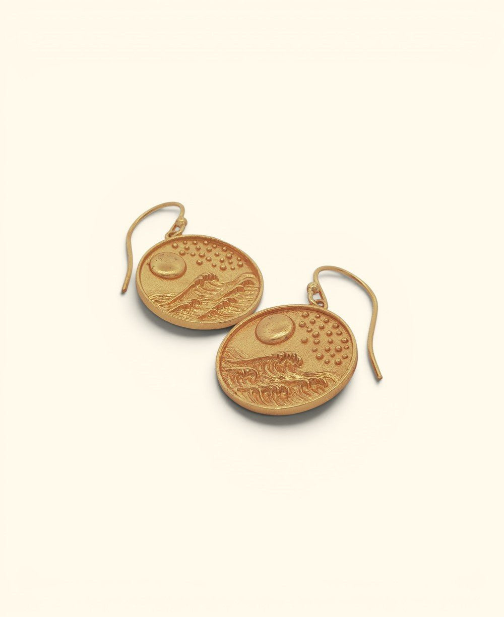 Full Moon Over Waves Gold - Plated Brass Drop Earrings — Ocean & Celestial Jewelry - Earrings