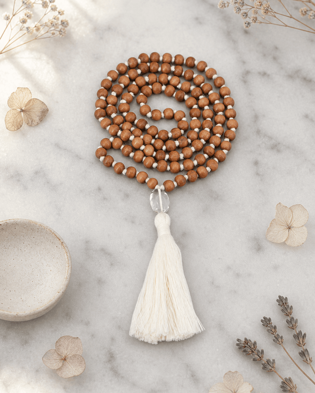 Gentle Sandalwood Beads Meditation Mala, Knotted - Prayer Beads