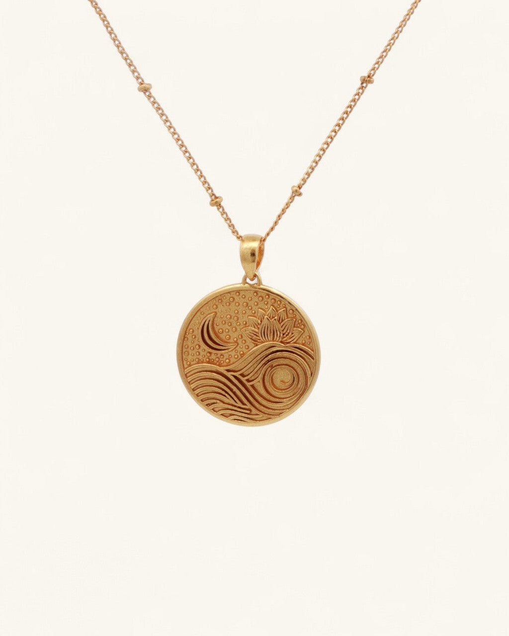 Gold Plated Brass Lotus, Moon and Wave Pendant — Rise Above Engraved Charm - Pendant