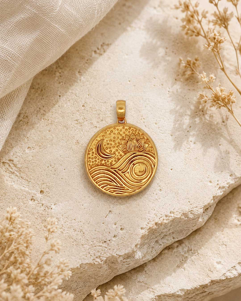 Gold Plated Brass Lotus, Moon and Wave Pendant — Rise Above Engraved Charm - Pendant