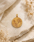 Gold Plated Brass Lotus, Moon and Wave Pendant — Rise Above Engraved Charm - Pendant