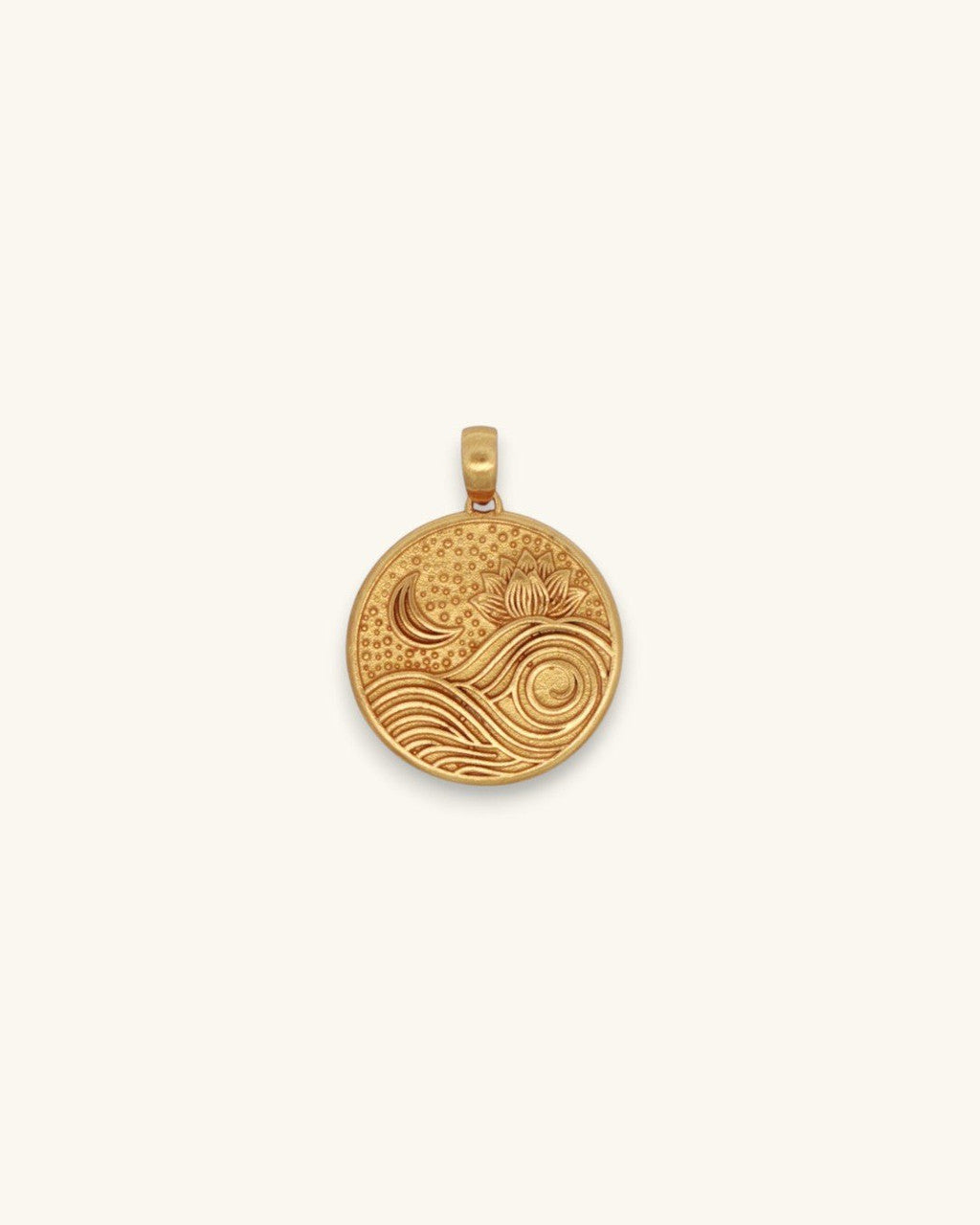 Gold Plated Brass Lotus, Moon and Wave Pendant — Rise Above Engraved Charm - Pendant