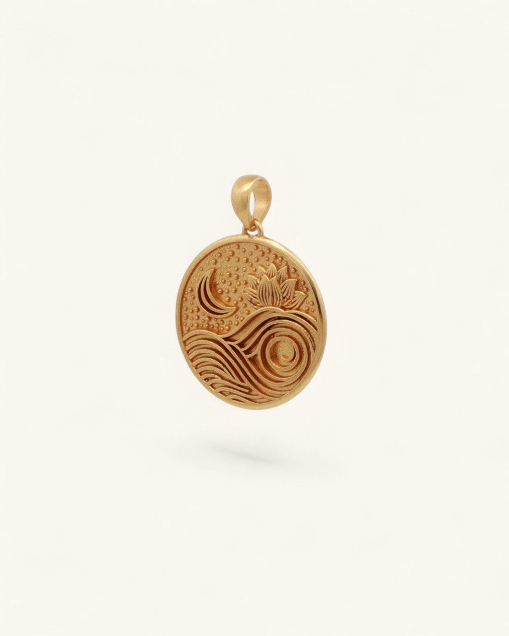 Gold Plated Brass Lotus, Moon and Wave Pendant — Rise Above Engraved Charm - Pendant