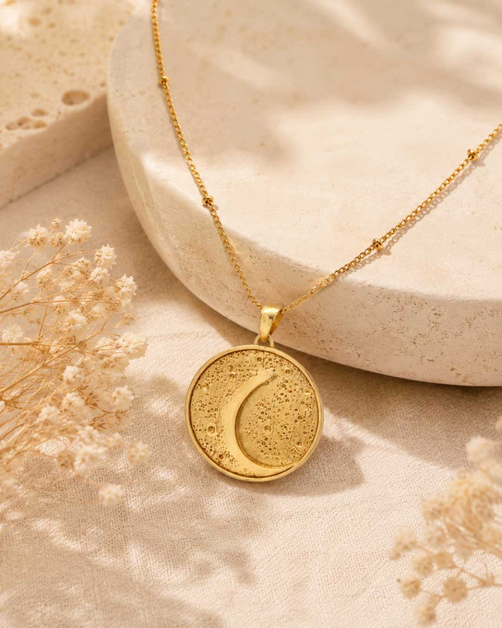 Gold - Plated Brass Moon Pendant Necklace with Engraved Affirmation - Necklace