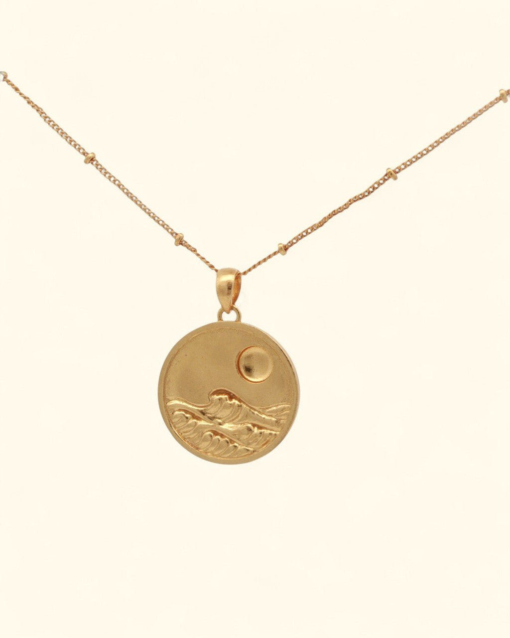 Gold - Plated Full Moon and Waves Necklace — Handcrafted Celestial Pendant - Necklace