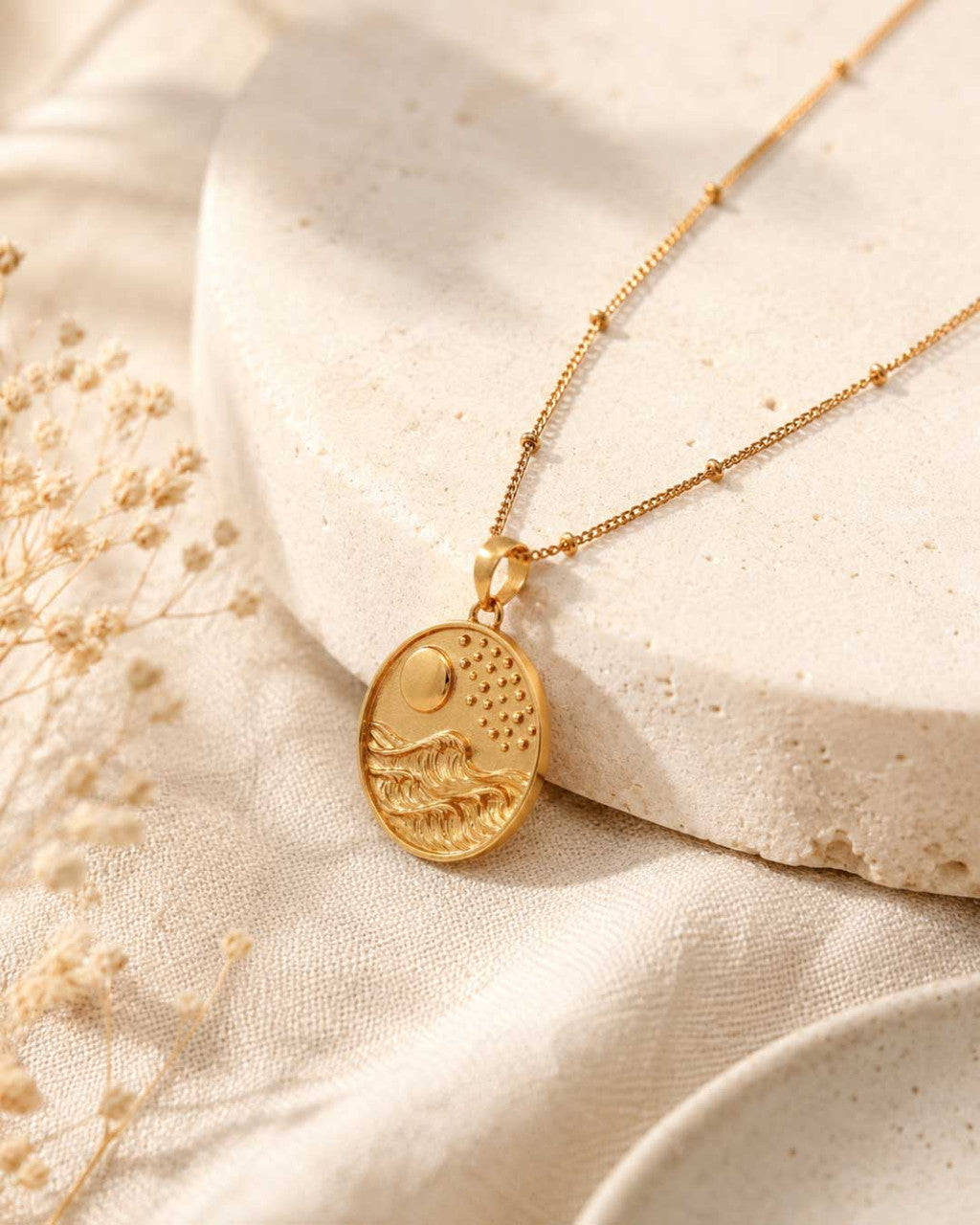Gold - Plated Full Moon and Waves Necklace — Handcrafted Celestial Pendant - Necklace