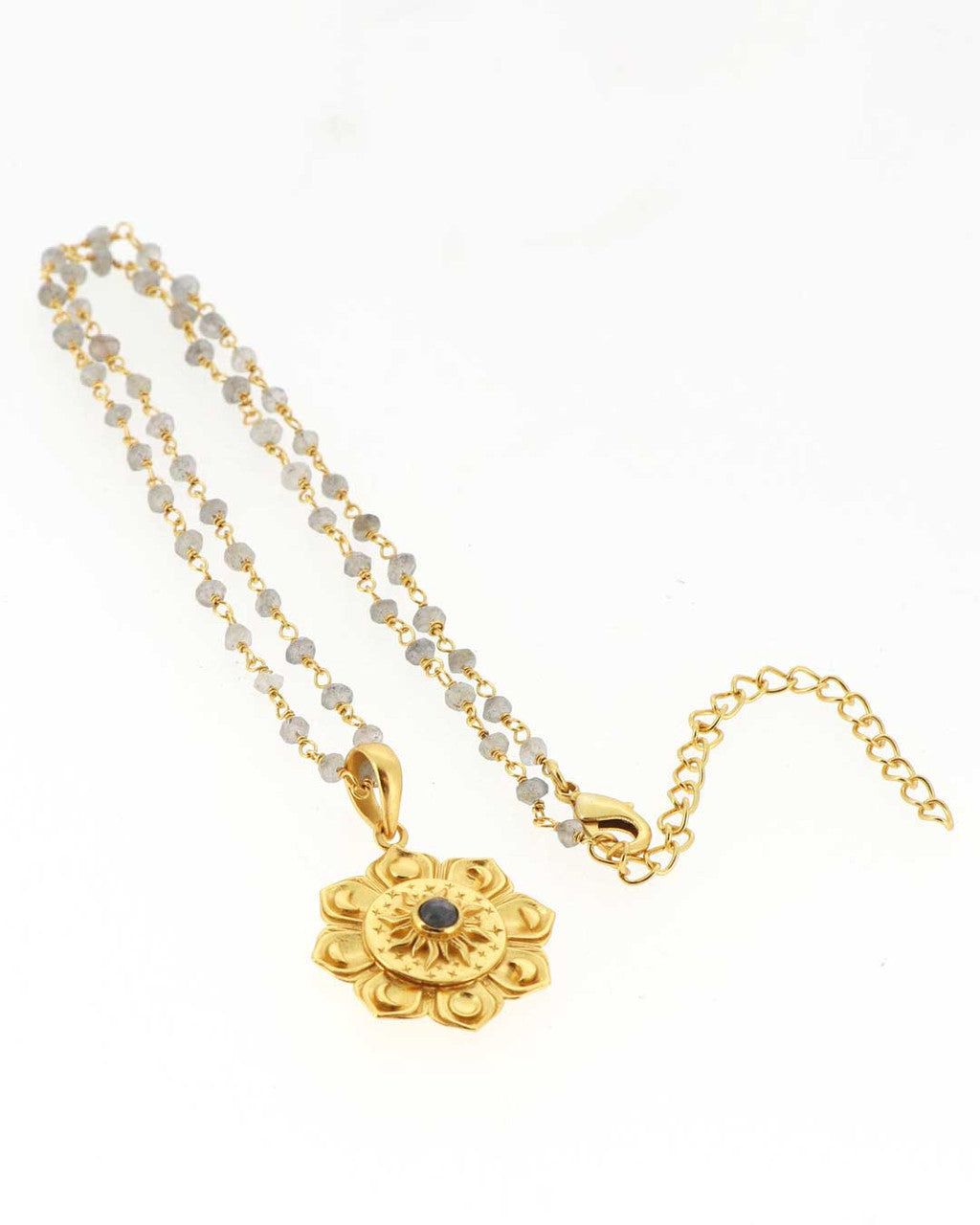 Gold - Plated Lotus Mandala Necklace with Moon Phases and Labradorite Gemstone – Celestial Design with Symbolic Sun, Stars & Lunar Petals - Necklace