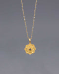 Gold - Plated Lotus Mandala Necklace with Moon Phases and Labradorite Gemstone – Celestial Design with Symbolic Sun, Stars & Lunar Petals - Necklace