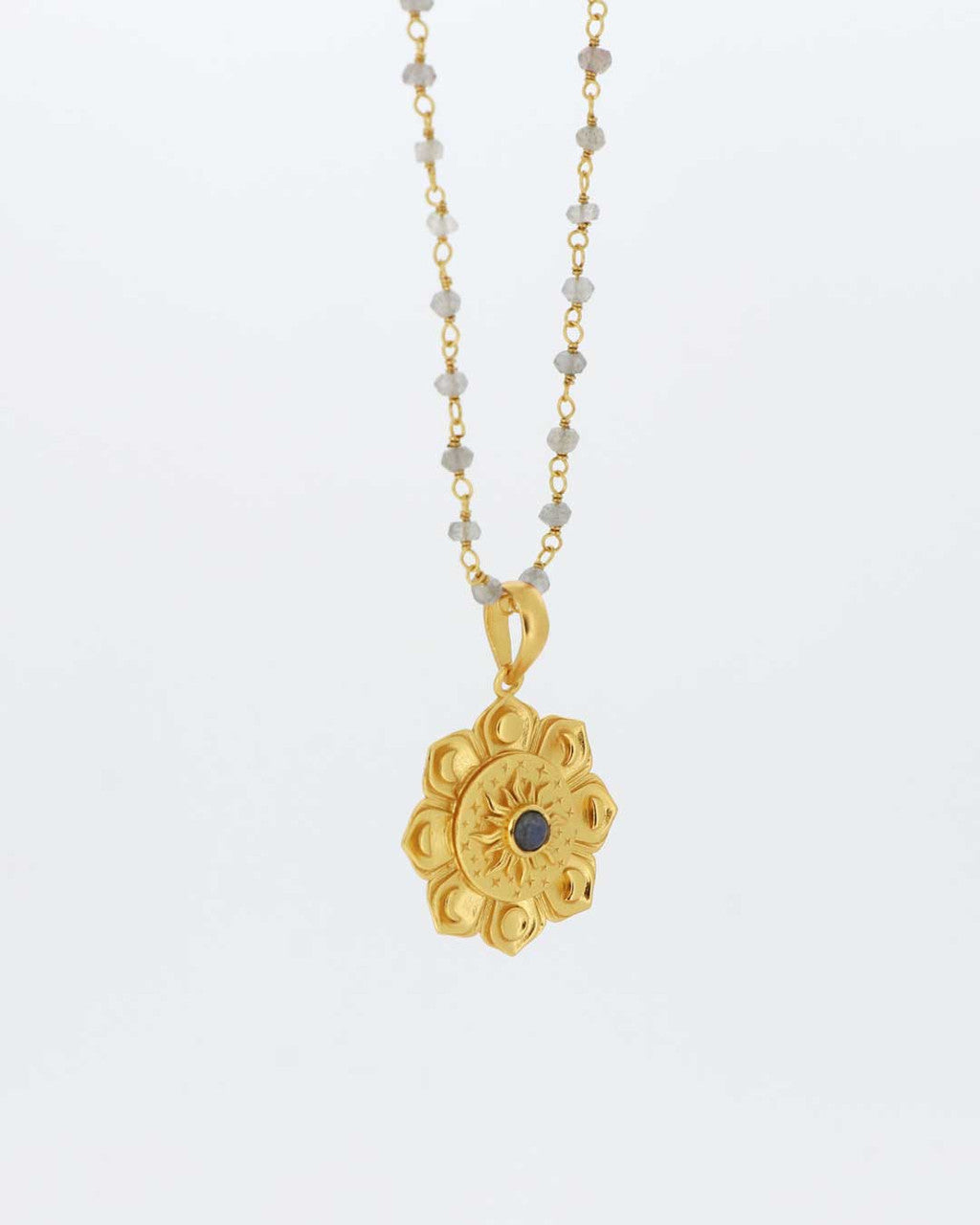 Gold - Plated Lotus Mandala Necklace with Moon Phases and Labradorite Gemstone – Celestial Design with Symbolic Sun, Stars & Lunar Petals - Necklace