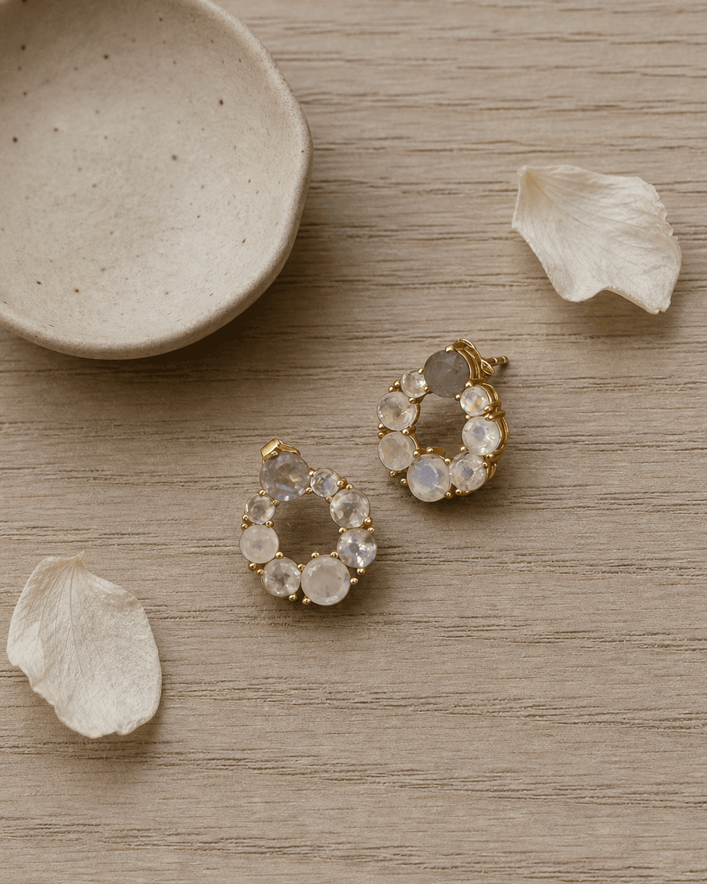 Gold Plated Moonstone Stud Earrings with Labradorite - Earrings