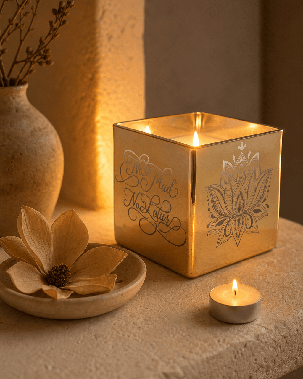 Golden Lotus Scented Candle in Etched Glass Vase - Candles
