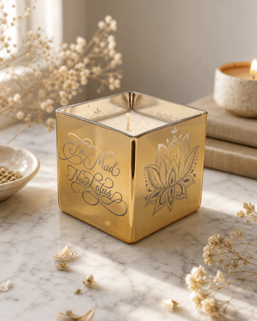 Golden Lotus Scented Candle in Etched Glass Vase - Candles