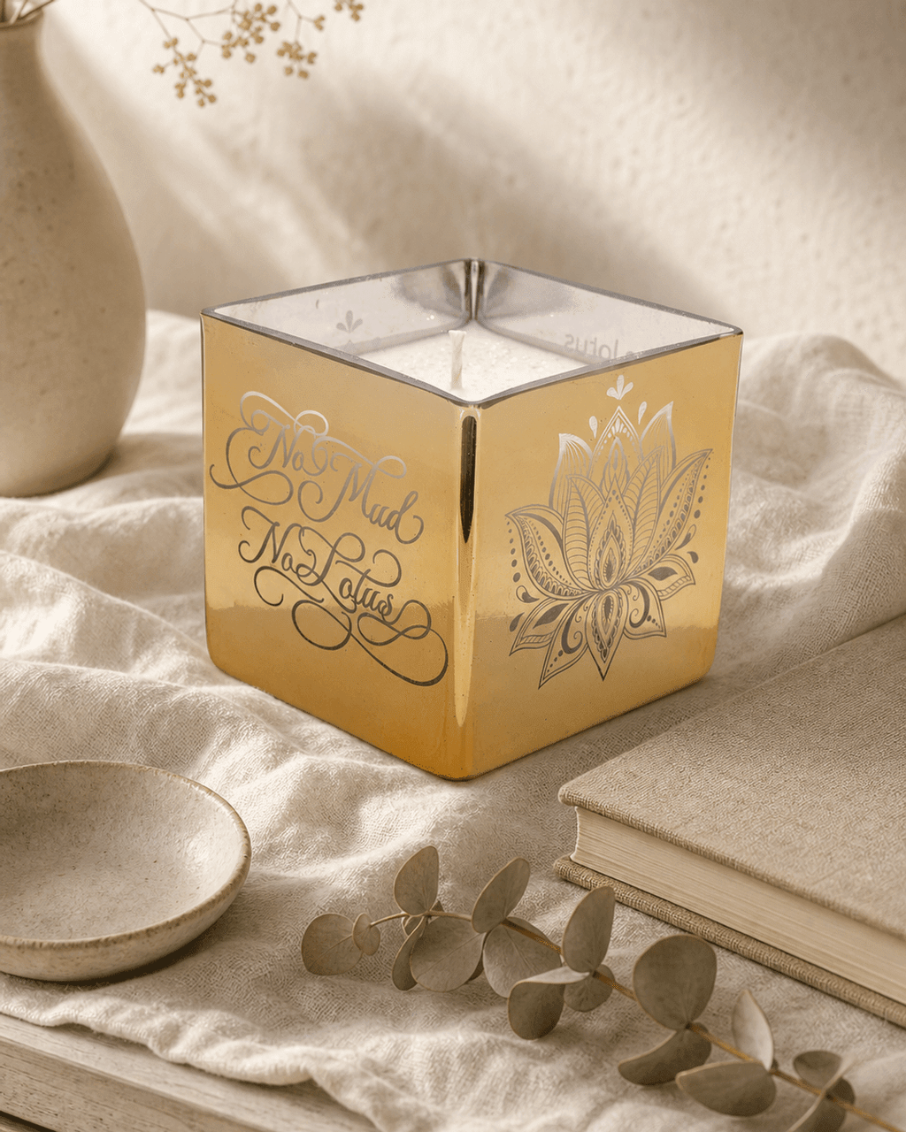 Golden Lotus Scented Candle in Etched Glass Vase - Candles