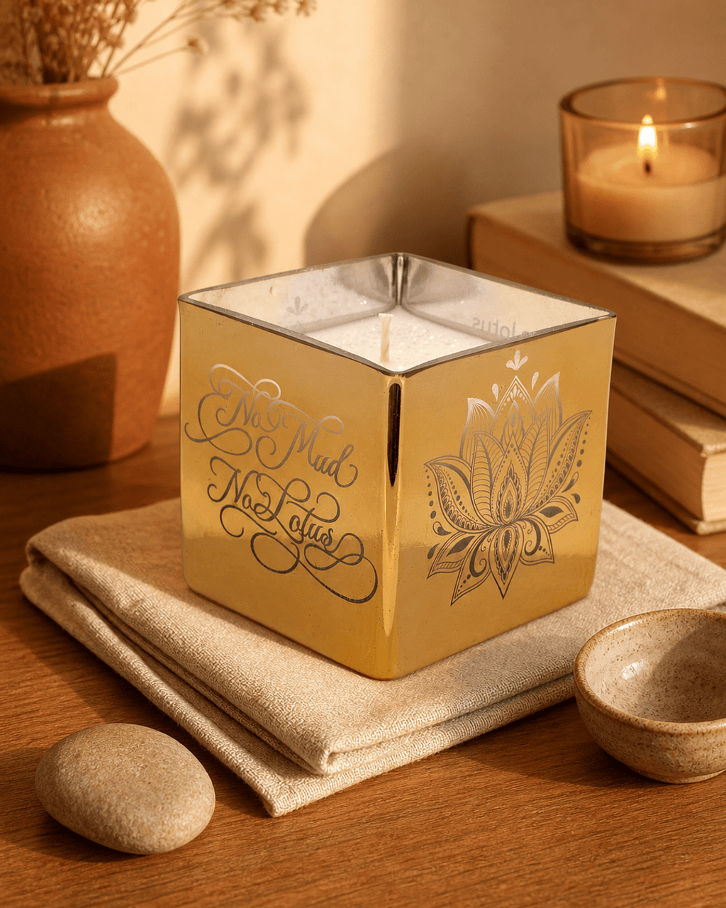 Golden Lotus Scented Candle in Etched Glass Vase - Candles