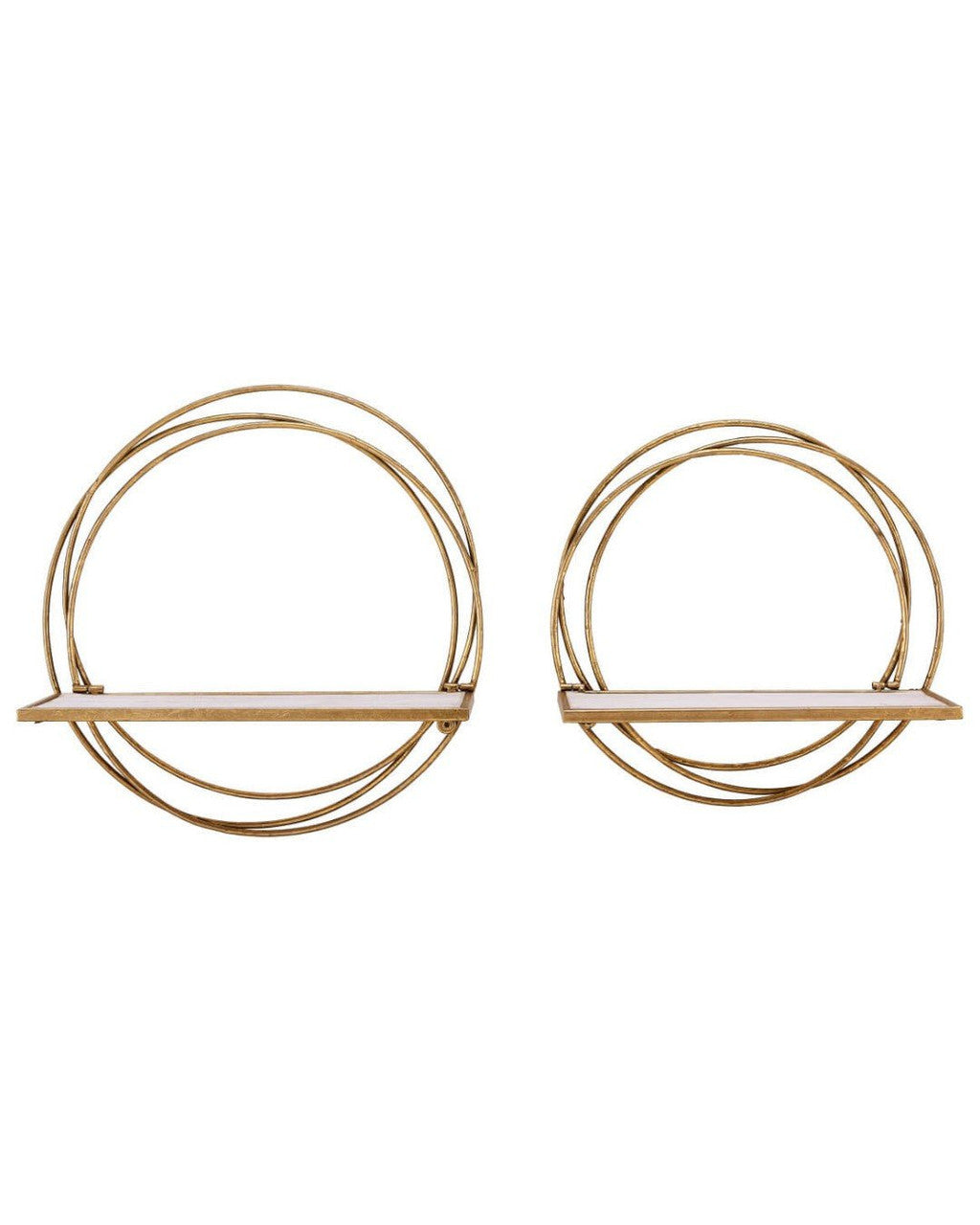 Golden Rings Floating Wall Shelves — Set of 2 Whitewash Wood & Gold Metal Decor - Wall Decor