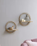 Golden Rings Floating Wall Shelves — Set of 2 Whitewash Wood & Gold Metal Decor - Wall Decor