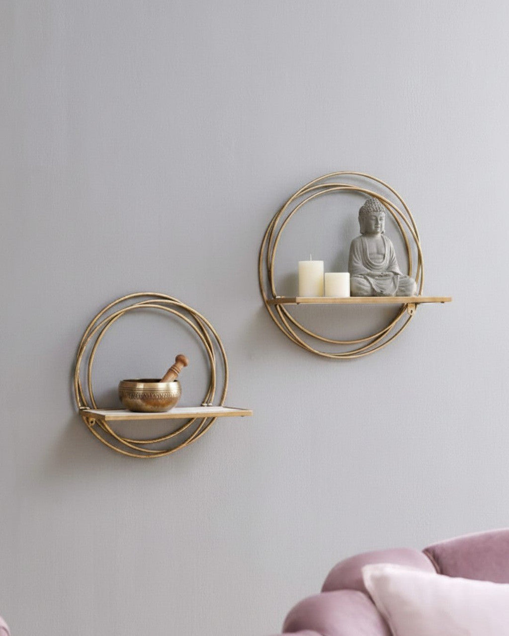 Golden Rings Floating Wall Shelves — Set of 2 Whitewash Wood & Gold Metal Decor - Wall Decor