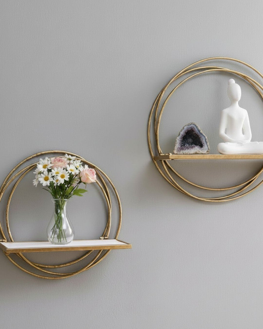 Golden Rings Floating Wall Shelves — Set of 2 Whitewash Wood & Gold Metal Decor - Wall Decor