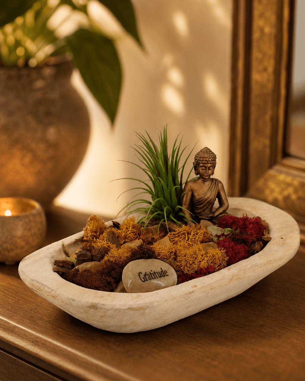 Gratitude Buddha Zen Terrarium with Wooden Dough Bowl & Moss Garden - Home Decor