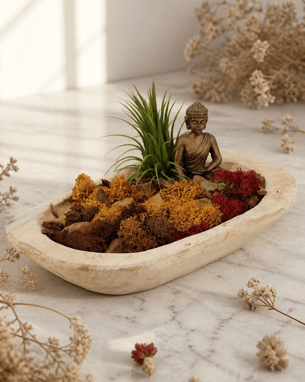 Gratitude Buddha Zen Terrarium with Wooden Dough Bowl & Moss Garden - Home Decor