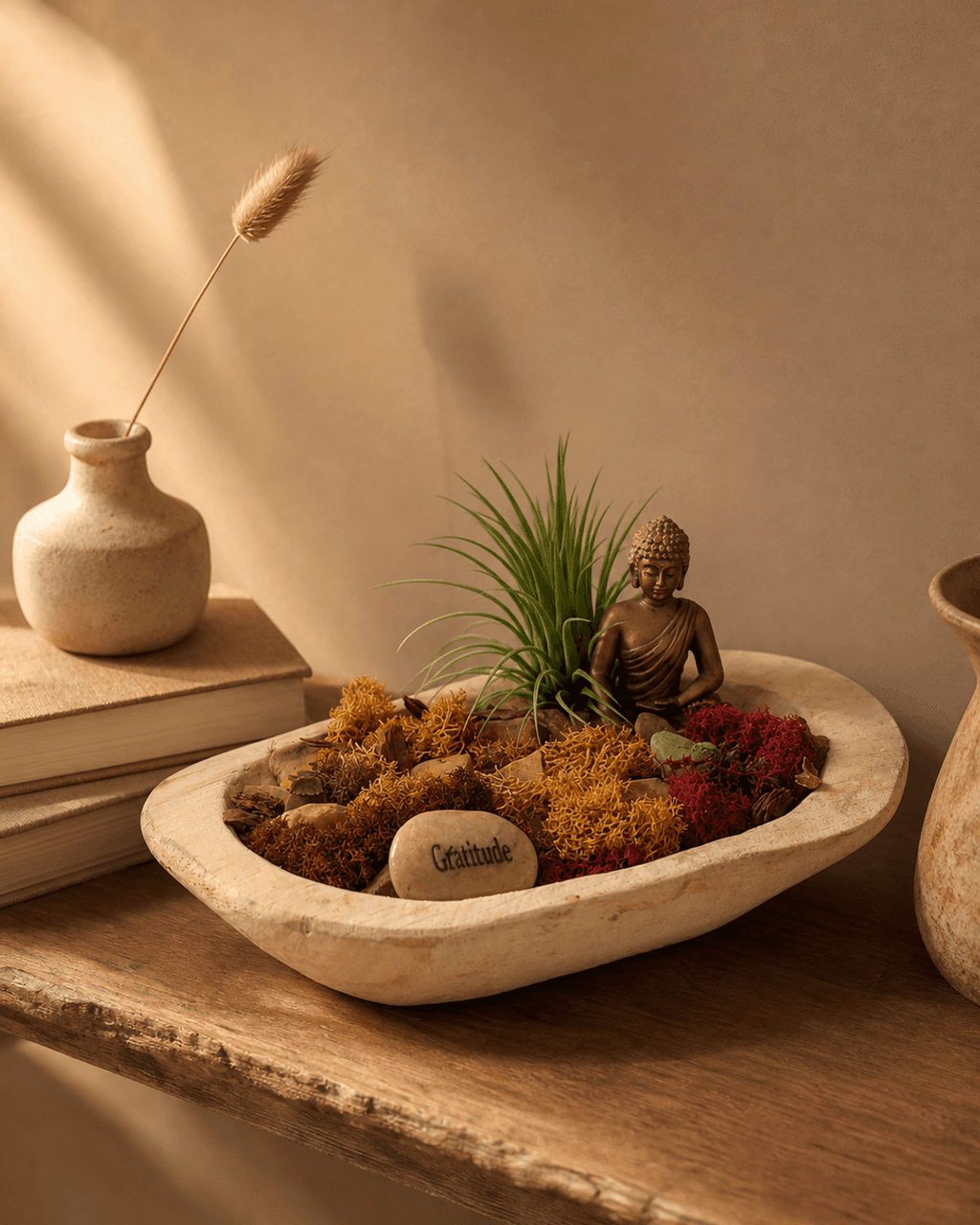 Gratitude Buddha Zen Terrarium with Wooden Dough Bowl & Moss Garden - Home Decor