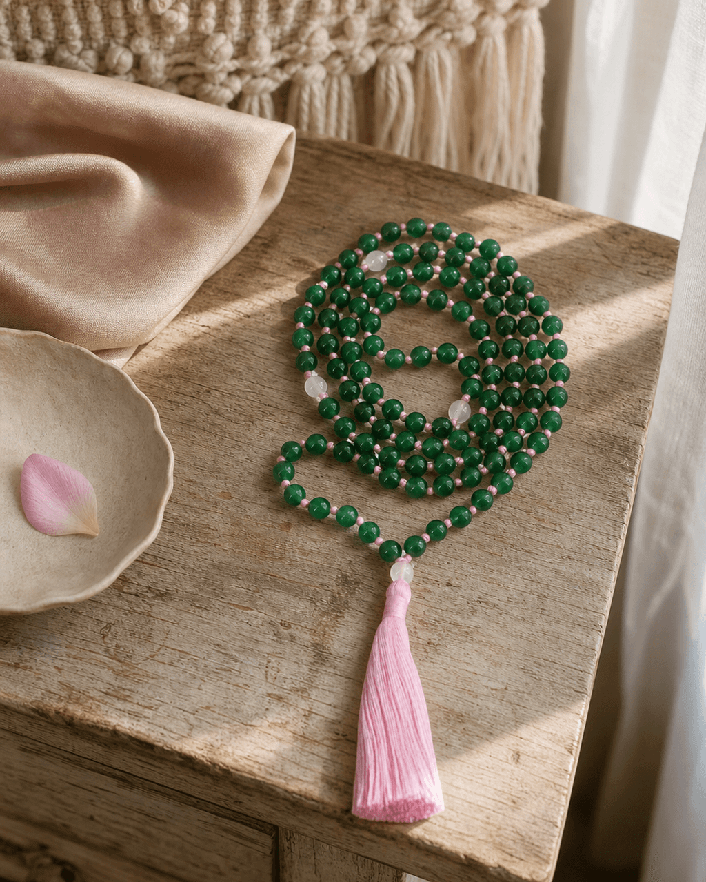 Green Aventurine 108 Beads Meditation Mala with Rose Quartz Counter Beads, Knotted - Prayer Beads