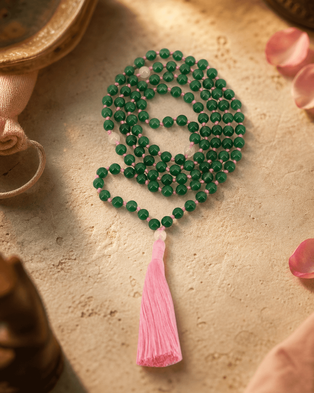 Green Aventurine 108 Beads Meditation Mala with Rose Quartz Counter Beads, Knotted - Prayer Beads
