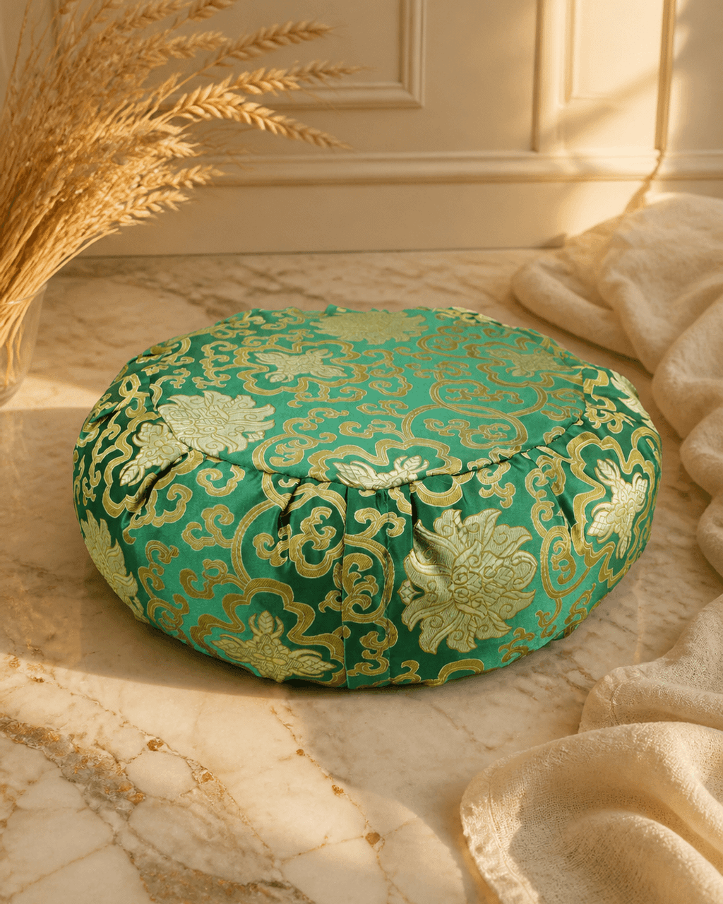 Green Brocade Zafu Meditation Cushion - Massage Cushions