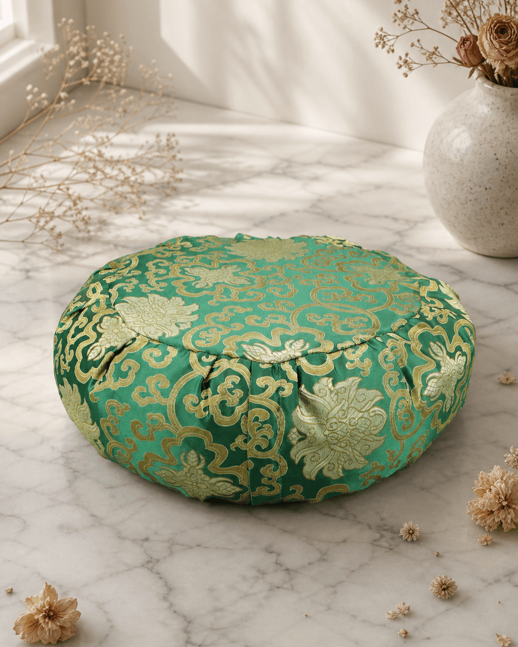 Green Brocade Zafu Meditation Cushion - Massage Cushions