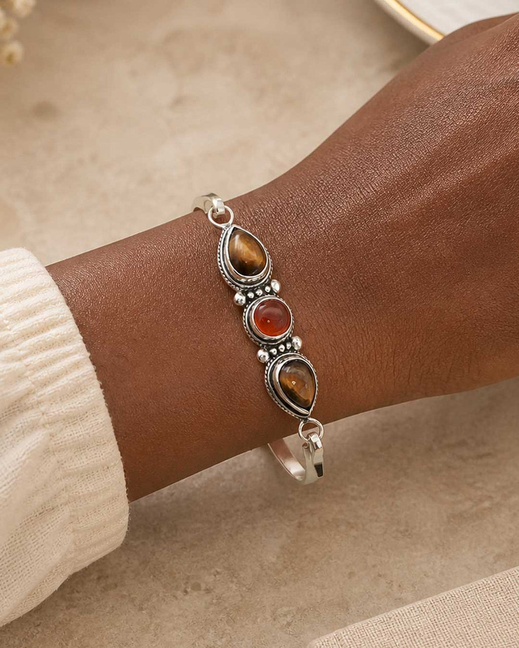 Guided by Courage Bracelet — Tiger's Eye & Carnelian Silver - Plated Cuff - Jewelry