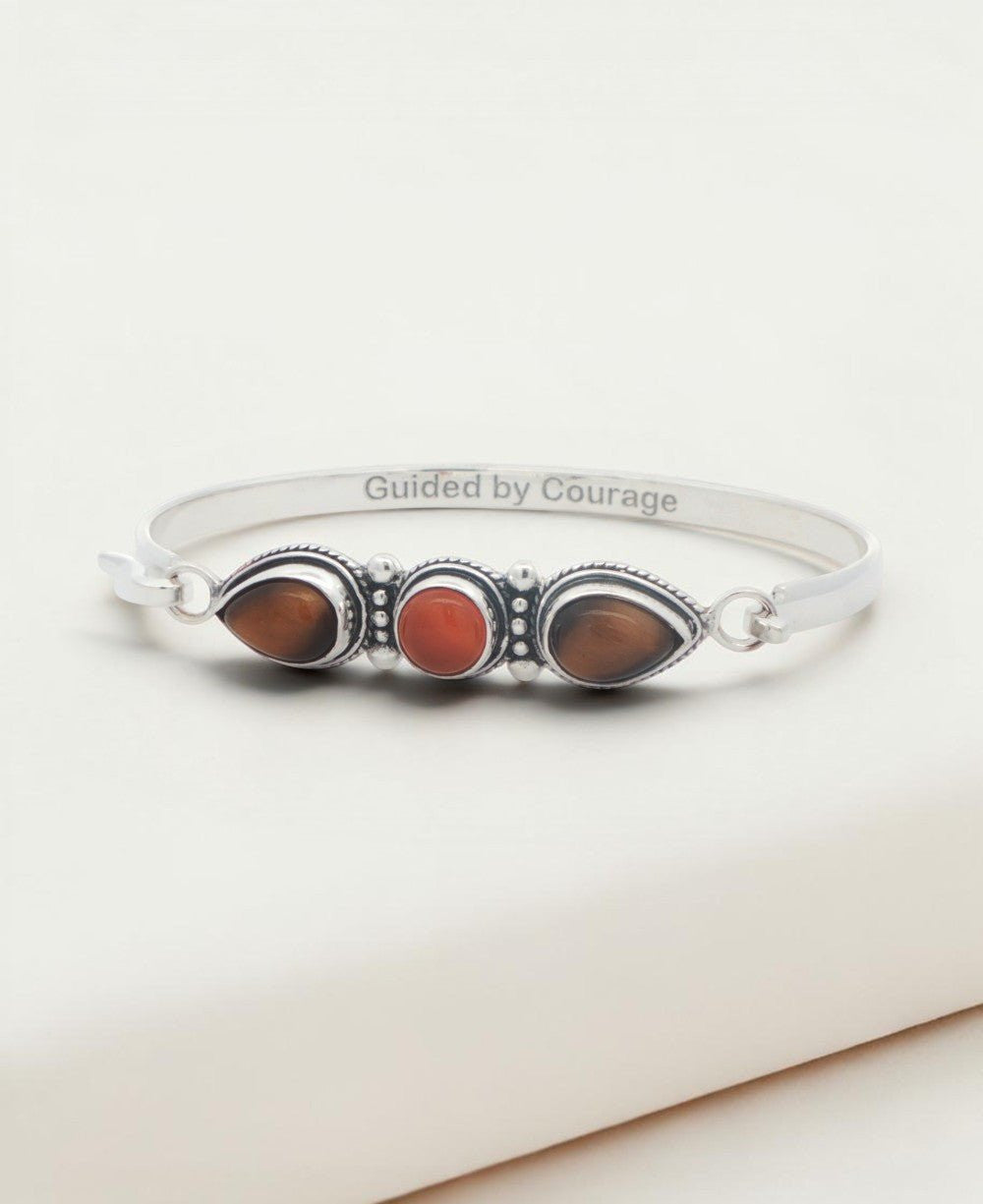 Guided by Courage Bracelet — Tiger's Eye & Carnelian Silver - Plated Cuff - Jewelry