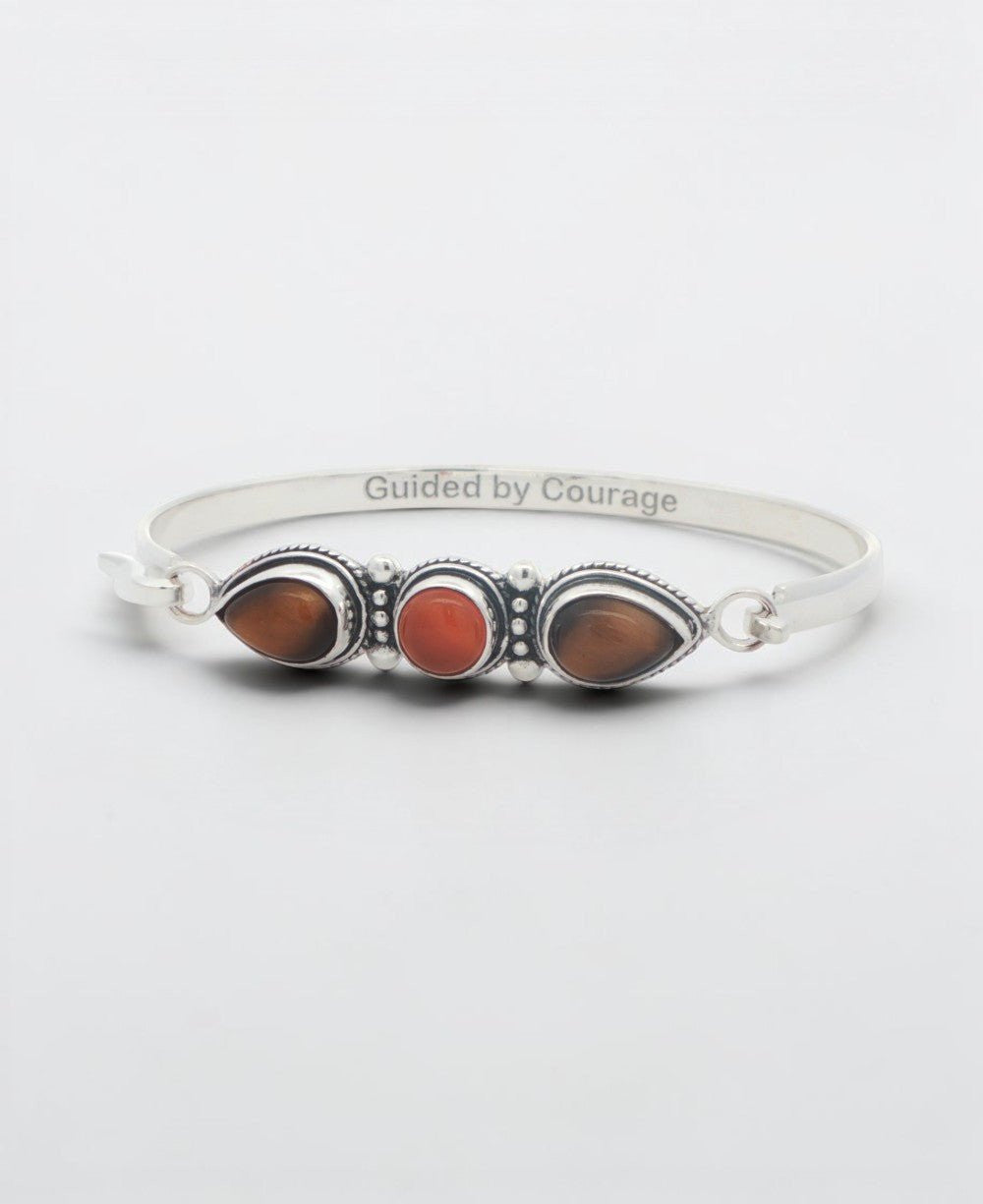 Guided by Courage Bracelet — Tiger's Eye & Carnelian Silver - Plated Cuff - Jewelry