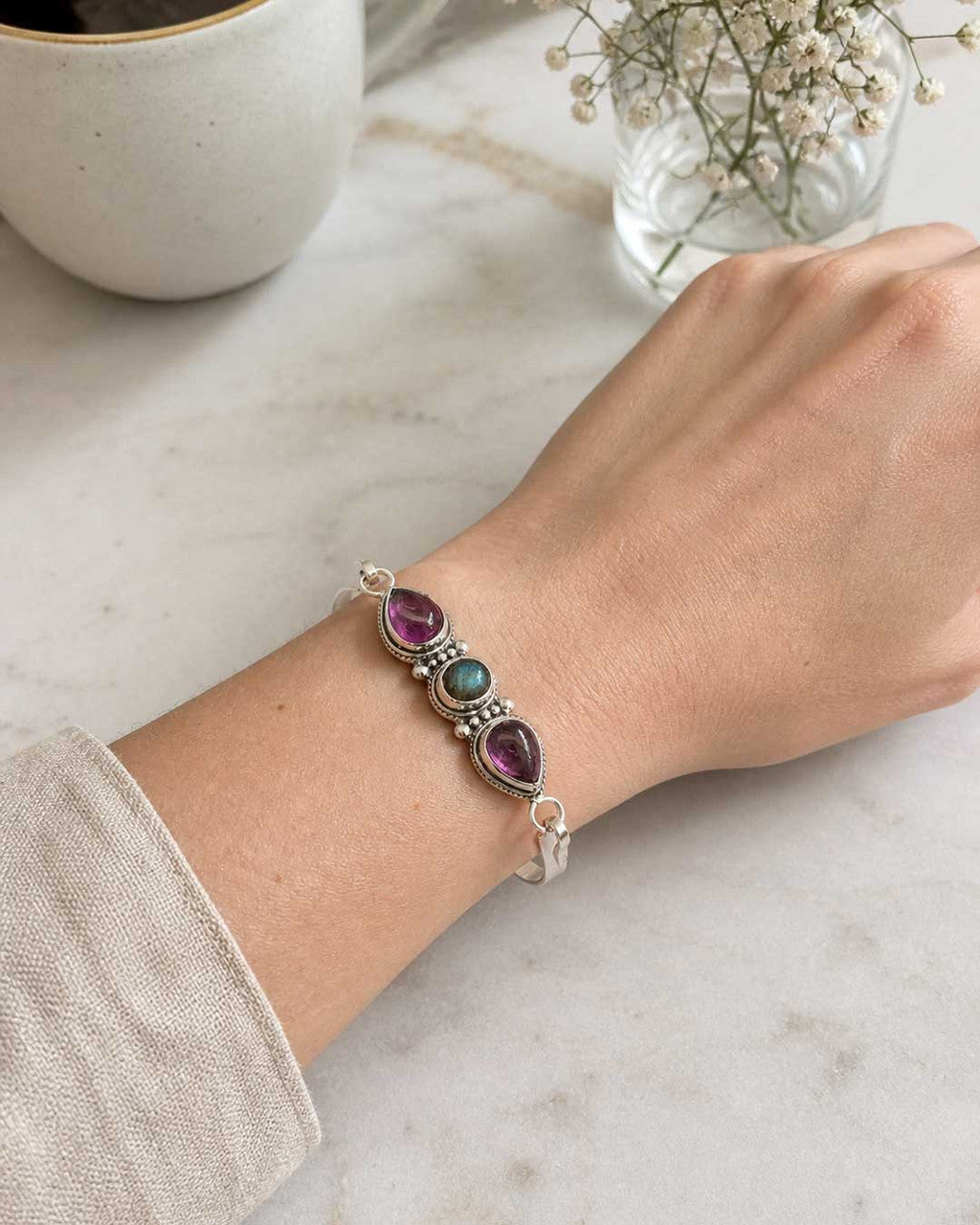 Guided by Light Within Amethyst & Labradorite Silver Cuff Bracelet - Jewelry