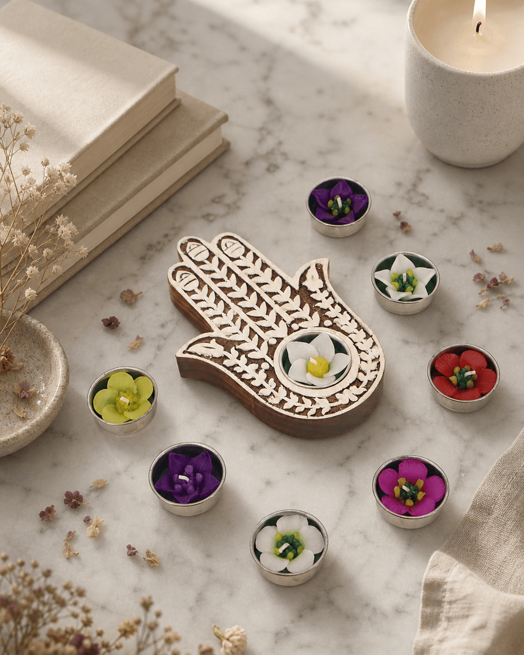 Hamsa Tea light Holder With 8 Floral Tea lights - Candle Holders